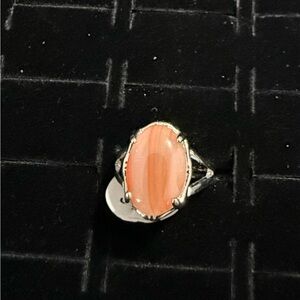 Peach Cat Eye Oval Statement Ring – Silver Tone Band